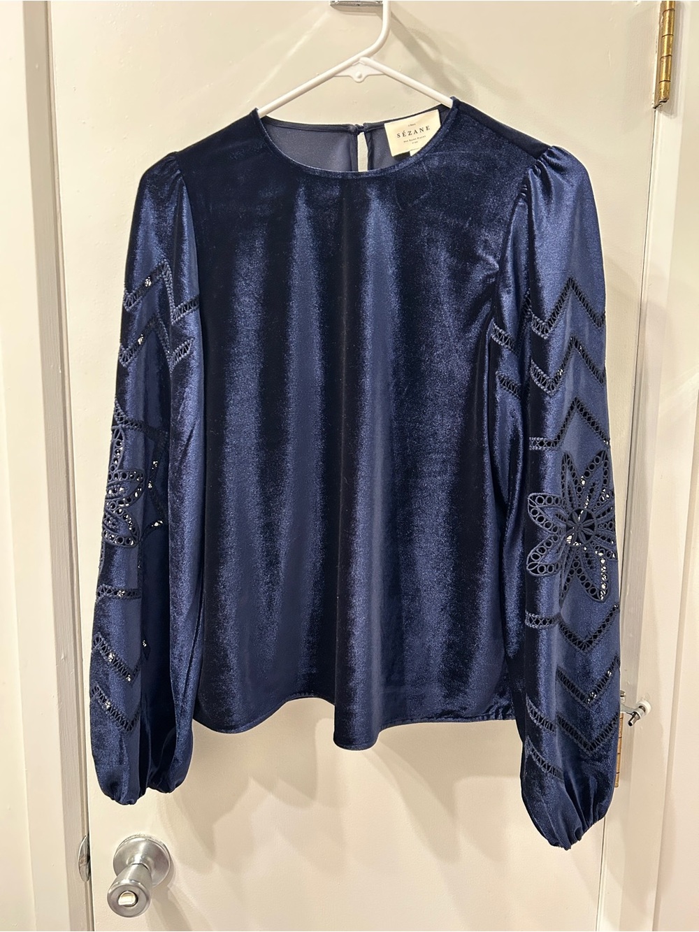 Sezane Navy Velvet Blouse with Lace Sleeve Cut-Outs, Size 36